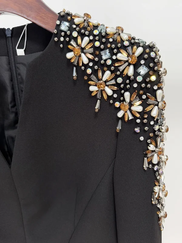 HIGH STREET Newest 2025 Designer Fashion Women's Long Sleeve Diamonds Beaded Midi Dress - Image 9