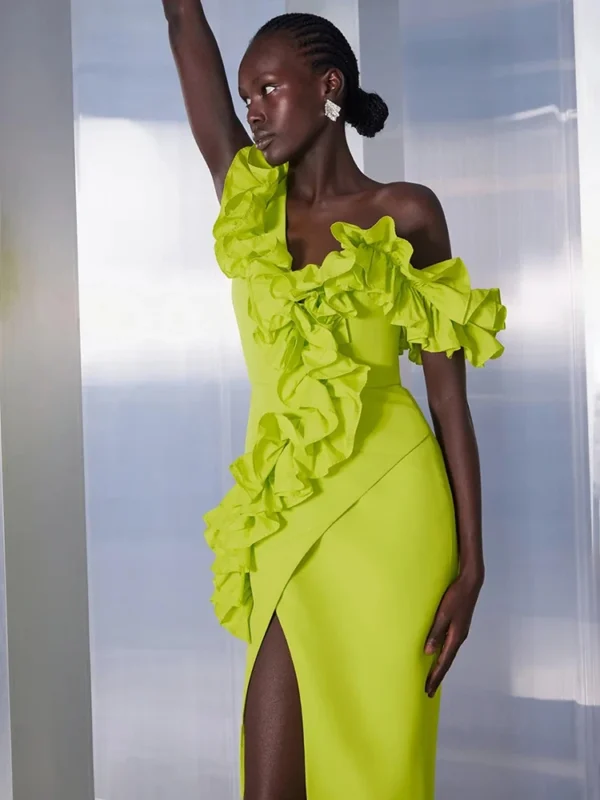 Women Sexy One Shoulder Long Bandage Ruffles Neon Green Split Maxi  Maxi Dress Elegant Evening Club Party Cocktail Outfits - Image 5