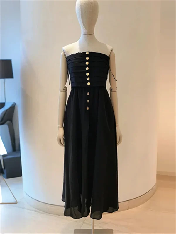 Women's High Waist Strapless Pleated Dress 2025 Summer New Metal Button Design Slim Black Slash Neck Robe - Image 2