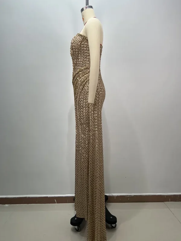 Women Celebrity Sexy Strapless Sequins Gold Crystal Split Maxi Long Gowns Dress 2024 Elegant Evening Party Club Vestido - Image 10