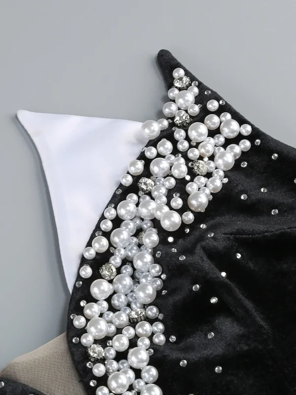 Sexy Strapless Plearls Diamonds Long Dress With Gloves Women Black Velvet Sleeveless Beaded Split Maxi Dresses Celebrity Evening - Image 7