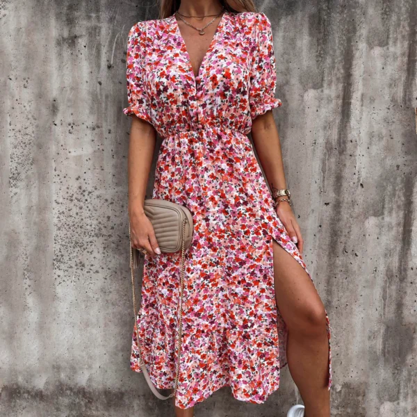 Boho Floral Split Midi Dress Women Summer Elegant V-Neck Bohemial Long Dress Female Casual Party Beach Vestidos Tunic Sundress - Image 2