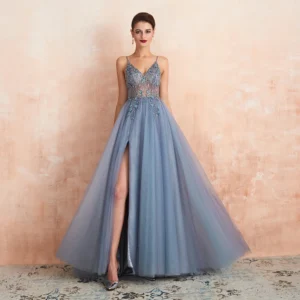 2025 New Summer Strap Long Heavy Industry Beaded Crystal Ball Dress, Fashionable and Sexy Chiffon V-neck Split Evening Dress