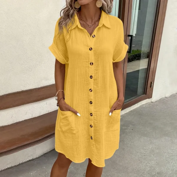 Women'S Fashion Summer Minimalist V-Neck Button Up Dress Woman Cotton Linen White Short Sleeved Pocket Casual Loose Shirt Dress - Image 6