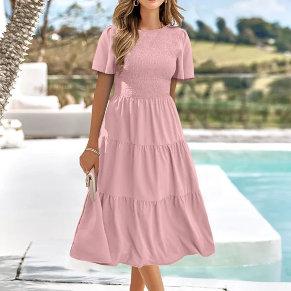 Summer Dresses For Women Clothing 2023 Casual Flutter Short Sleeve V Neck Smocked Elastic Waist Tiered Midi Dress Dropshiping - Image 3
