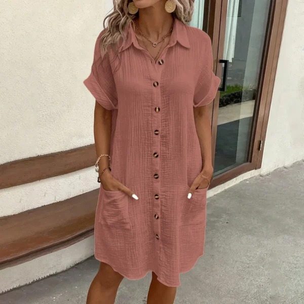 Women'S Fashion Summer Minimalist V-Neck Button Up Dress Woman Cotton Linen White Short Sleeved Pocket Casual Loose Shirt Dress - Image 7