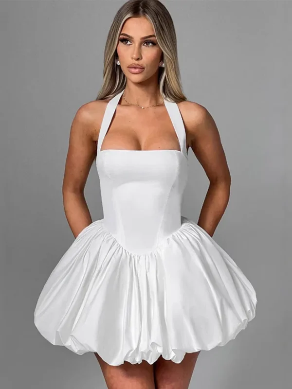 Elegant Pink Halter Pleated Mini Dress Women Lace-up Backless Off Shoulder Puff Hem A-line Short Gowns Summer Lady Party Robe