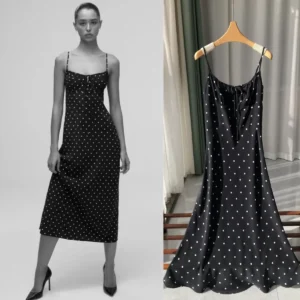 Real Silk French Style Classic Polka Dot Sling Dress Drawstring Tie Sand Wash Silk Strap Dress Sexy Dress for Women 2025