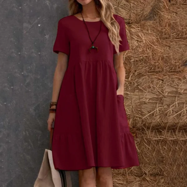 Evening Dresses Outfits Women Fashion Solid Vintage Cotton And Linen Loose Pocket Round Neck Short Sleeve Vestido Mujer Elegante - Image 2