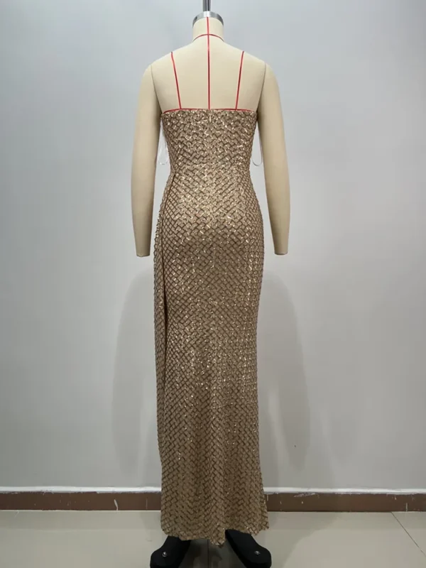 Women Celebrity Sexy Strapless Sequins Gold Crystal Split Maxi Long Gowns Dress 2024 Elegant Evening Party Club Vestido - Image 11