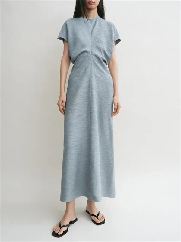 2025 New Women's Clothing High Waist Dress Round Neck Short Sleeve Slim Ladies White or Blue Simple Midi Robe - Image 4