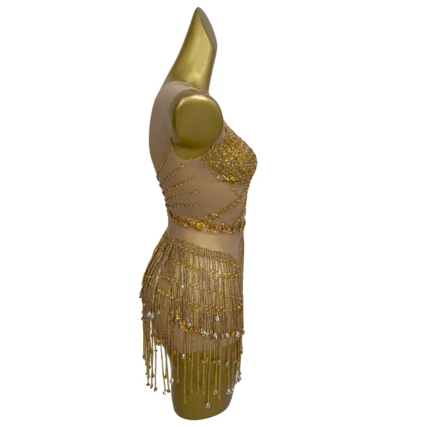 Sparkly Gold Rhinestone Tassel See Through Mesh Mini Dress Women Club Sexy Dance Outfit Party Stage Performance Dance Wear Suya - Image 4