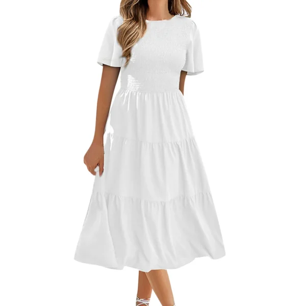 Summer Dresses For Women Clothing 2023 Casual Flutter Short Sleeve V Neck Smocked Elastic Waist Tiered Midi Dress Dropshiping - Image 9