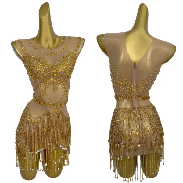Sparkly Gold Rhinestone Tassel See Through Mesh Mini Dress Women Club Sexy Dance Outfit Party Stage Performance Dance Wear Suya
