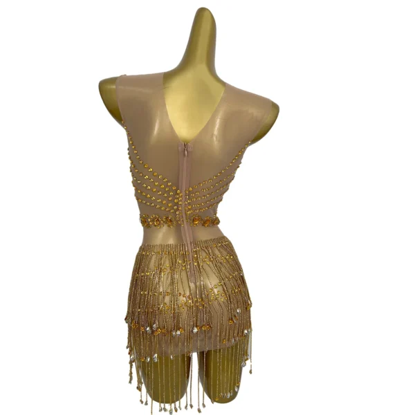 Sparkly Gold Rhinestone Tassel See Through Mesh Mini Dress Women Club Sexy Dance Outfit Party Stage Performance Dance Wear Suya - Image 5