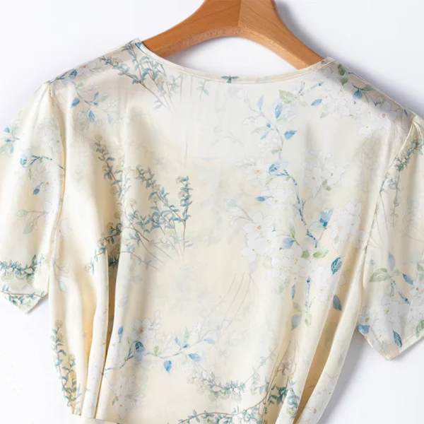 Women Midi Dress 100% Mulberry Silk 19 Momme Charmeuse Silk Short Sleeve Nude Floral Printed A Line Long Dress Summer M1358 - Image 6
