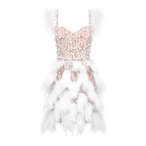 VC Birthday Party Dresses For Women Luxury Formal Occasions Straps Sleeveless Feather Design Mini Dress Vestidos