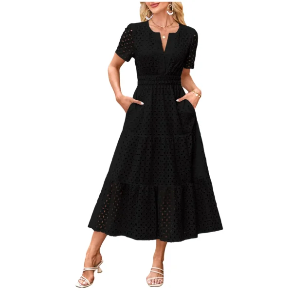 Women'S Summer Short Sleeved Long Dress Trendy V-Neck Hollow Eyelets Ruffle Hem A-Line Dress Pockets Female Temperament Dresses - Image 6