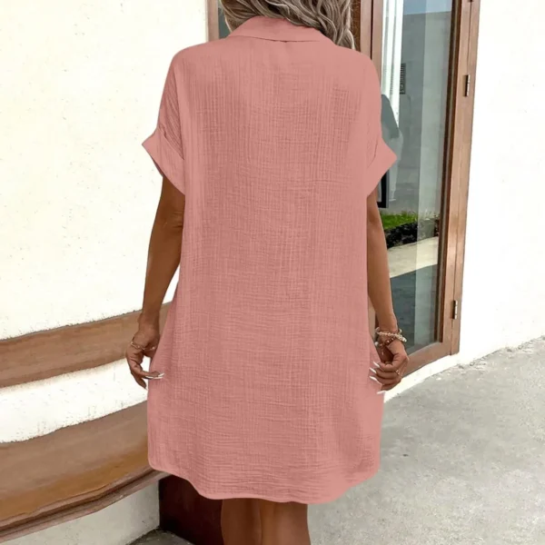 Women'S Fashion Summer Minimalist V-Neck Button Up Dress Woman Cotton Linen White Short Sleeved Pocket Casual Loose Shirt Dress - Image 8