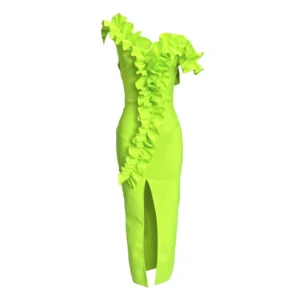 Women Sexy One Shoulder Long Bandage Ruffles Neon Green Split Maxi  Maxi Dress Elegant Evening Club Party Cocktail Outfits