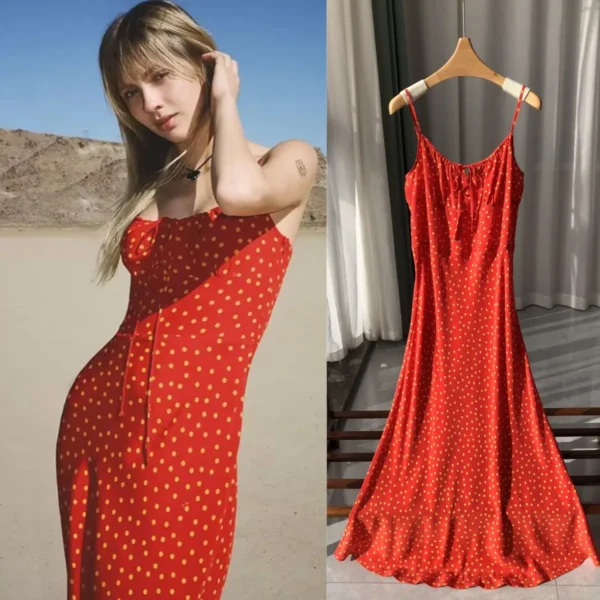 Real Silk French Style Classic Polka Dot Sling Dress Drawstring Tie Sand Wash Silk Strap Dress Sexy Dress for Women 2025 - Image 7