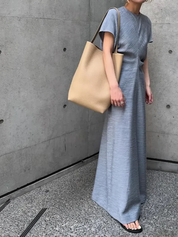 2025 New Women's Clothing High Waist Dress Round Neck Short Sleeve Slim Ladies White or Blue Simple Midi Robe - Image 5