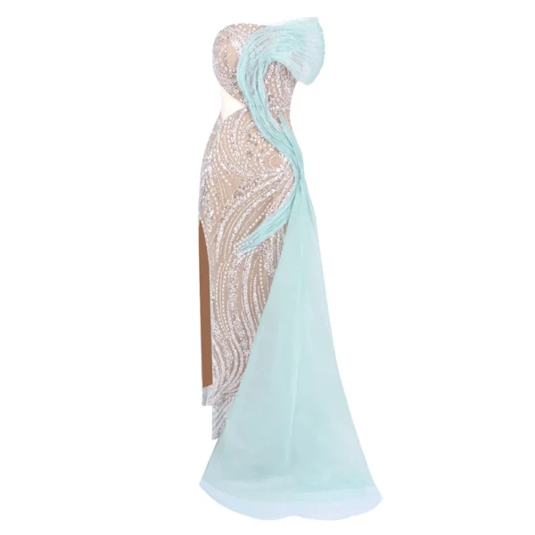 Exquisite Strapless Mint Green High Slit Evening Gown Backless Sleeveless Bodycon Long Dress Party Clubnight Wedding Wear