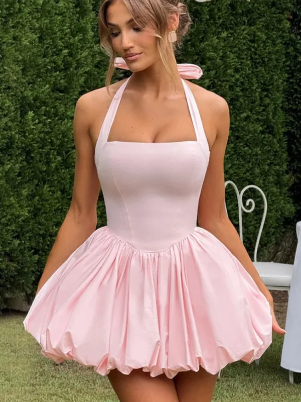 Elegant Pink Halter Pleated Mini Dress Women Lace-up Backless Off Shoulder Puff Hem A-line Short Gowns Summer Lady Party Robe - Image 3