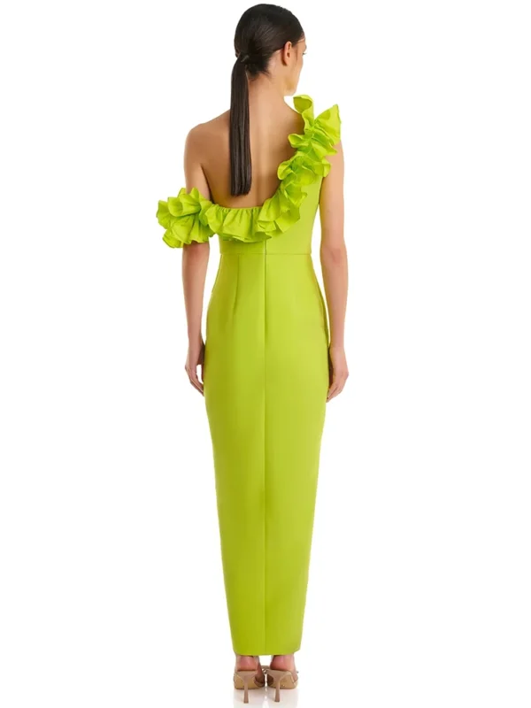 Women Sexy One Shoulder Long Bandage Ruffles Neon Green Split Maxi  Maxi Dress Elegant Evening Club Party Cocktail Outfits - Image 3