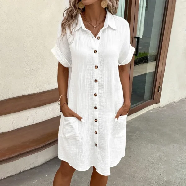 Women'S Fashion Summer Minimalist V-Neck Button Up Dress Woman Cotton Linen White Short Sleeved Pocket Casual Loose Shirt Dress - Image 3