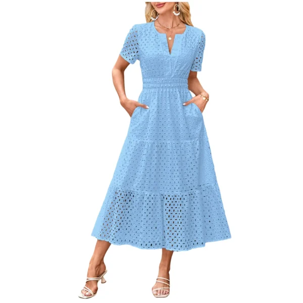 Women'S Summer Short Sleeved Long Dress Trendy V-Neck Hollow Eyelets Ruffle Hem A-Line Dress Pockets Female Temperament Dresses - Image 3