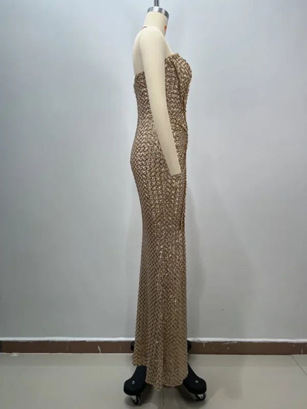 Women Celebrity Sexy Strapless Sequins Gold Crystal Split Maxi Long Gowns Dress 2024 Elegant Evening Party Club Vestido - Image 9