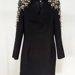 HIGH STREET Newest 2025 Designer Fashion Women's Long Sleeve Diamonds Beaded Midi Dress