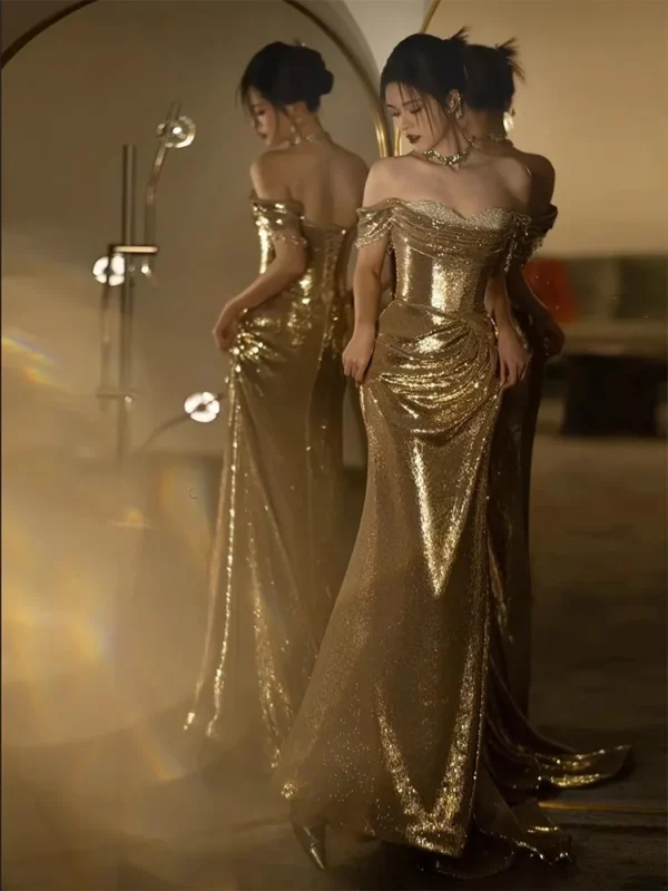 Lautaro Spring Praty Birthday Evening Dresses Woman Off Shoulder Backless Elegant Luxury Prom Floor Length Gold Sequin Dress - Image 3