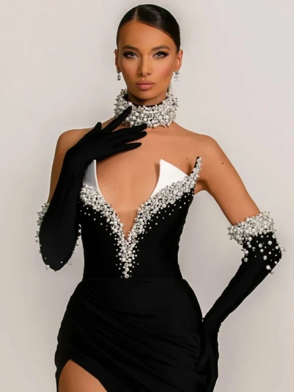 Sexy Strapless Plearls Diamonds Long Dress With Gloves Women Black Velvet Sleeveless Beaded Split Maxi Dresses Celebrity Evening - Image 6