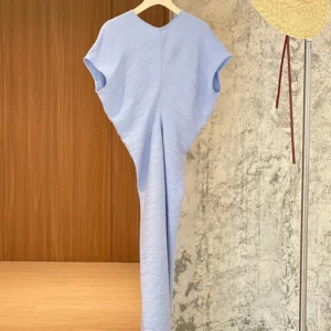 2025 New Women's Clothing High Waist Dress Round Neck Short Sleeve Slim Ladies White or Blue Simple Midi Robe