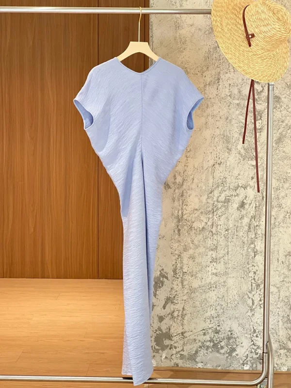 2025 New Women's Clothing High Waist Dress Round Neck Short Sleeve Slim Ladies White or Blue Simple Midi Robe