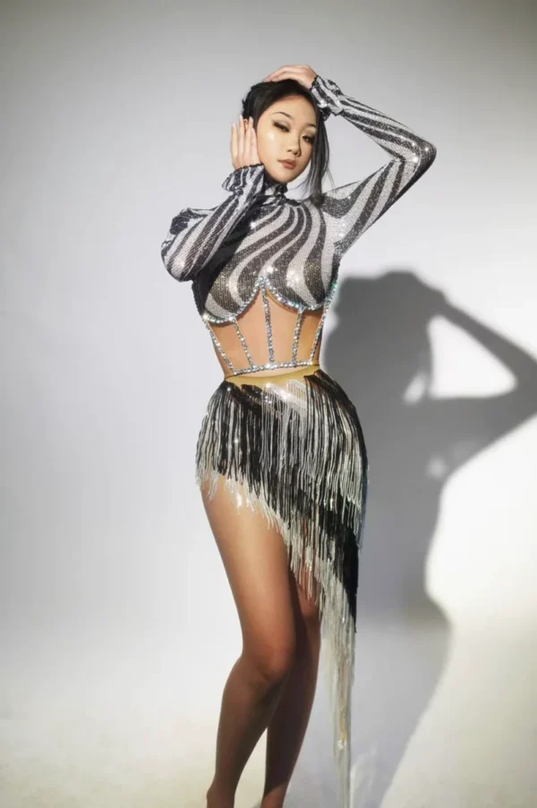 Glamorous Zebra Print Maxi Dress For Women Shiny Sequins/Metallic Stripes Performance Outfits Vestidos De Fiesta Elegante Señora - Image 5