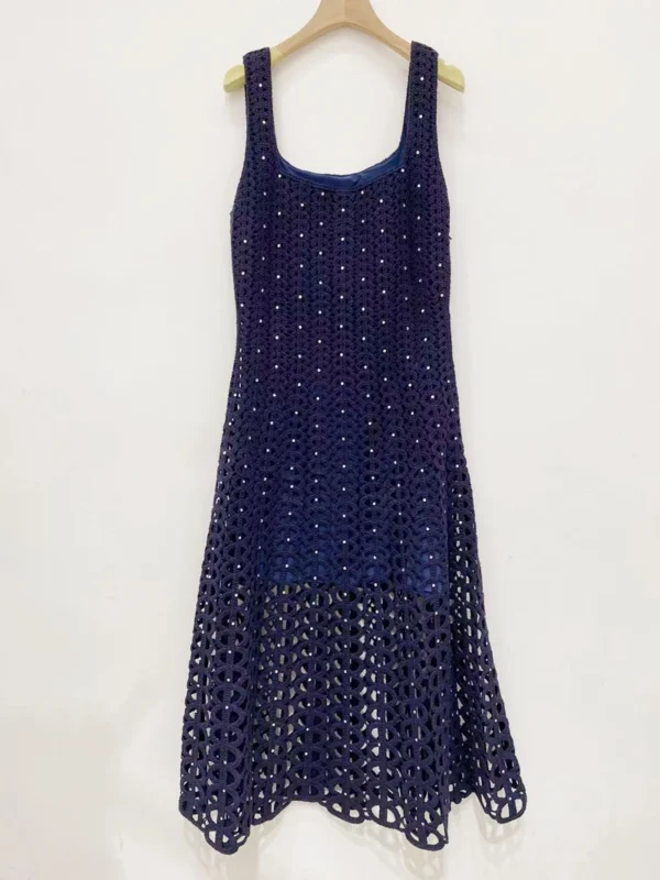 2025 SS New Knitted Women Tank Midi Dress Hook Flower Hollow Out Sleeveless Lady Party Dress - Image 2