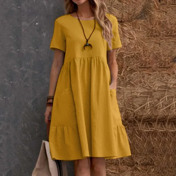 Evening Dresses Outfits Women Fashion Solid Vintage Cotton And Linen Loose Pocket Round Neck Short Sleeve Vestido Mujer Elegante - Image 3